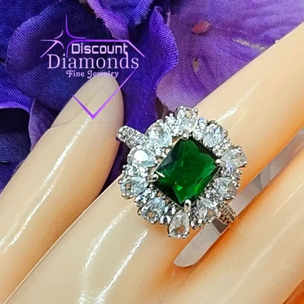 Emerald and Clear White Baguette Diamond Cocktail Ring on 925 Silver